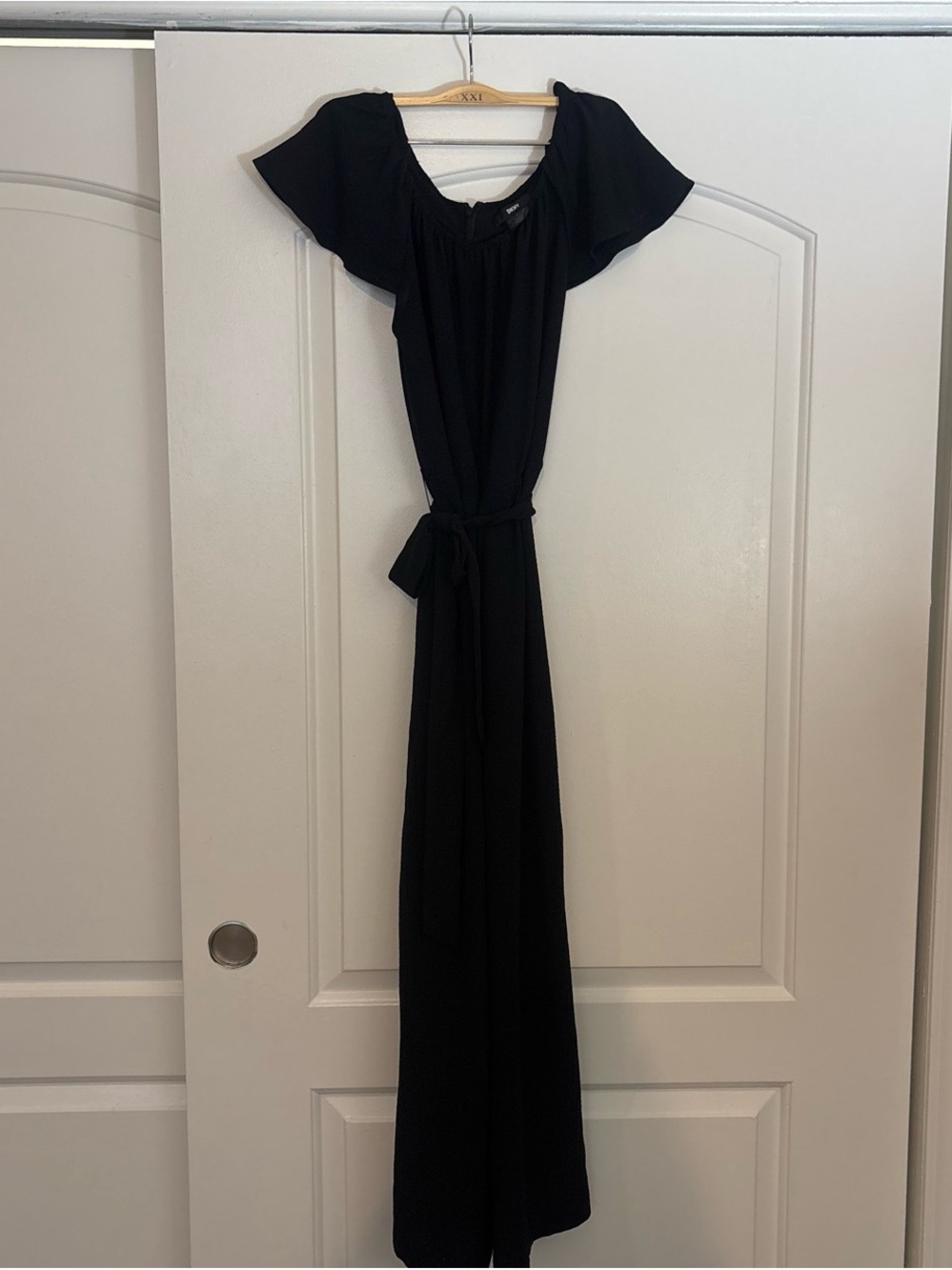 DKNY Black Off-Shoulder Jumpsuit with Waist Tie
